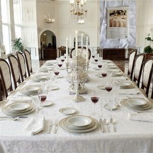Vintage New White Tablecloth Banquet Versailles Damask Baroque Luxury 60” x 118”